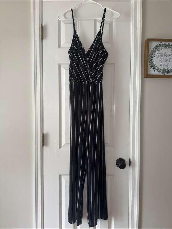 Charlotte Russe Pants - Black Vertical Stripe Spaghetti Strap Jumpsuit